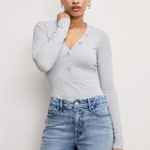 Good American Gray Ribbed Henley Bodysuit